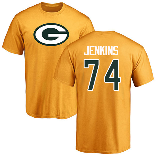 Men Green Bay Packers Gold #74 Jenkins Elgton Name And Number Logo Nike NFL T Shirt->green bay packers->NFL Jersey